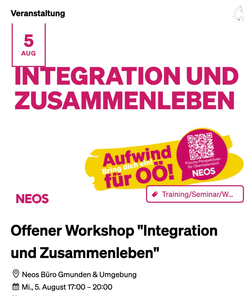 Offener Workshop Integration und Zusammenleben – Mi., 5. August 17:00–20:00, NEOS Büro Gmunden